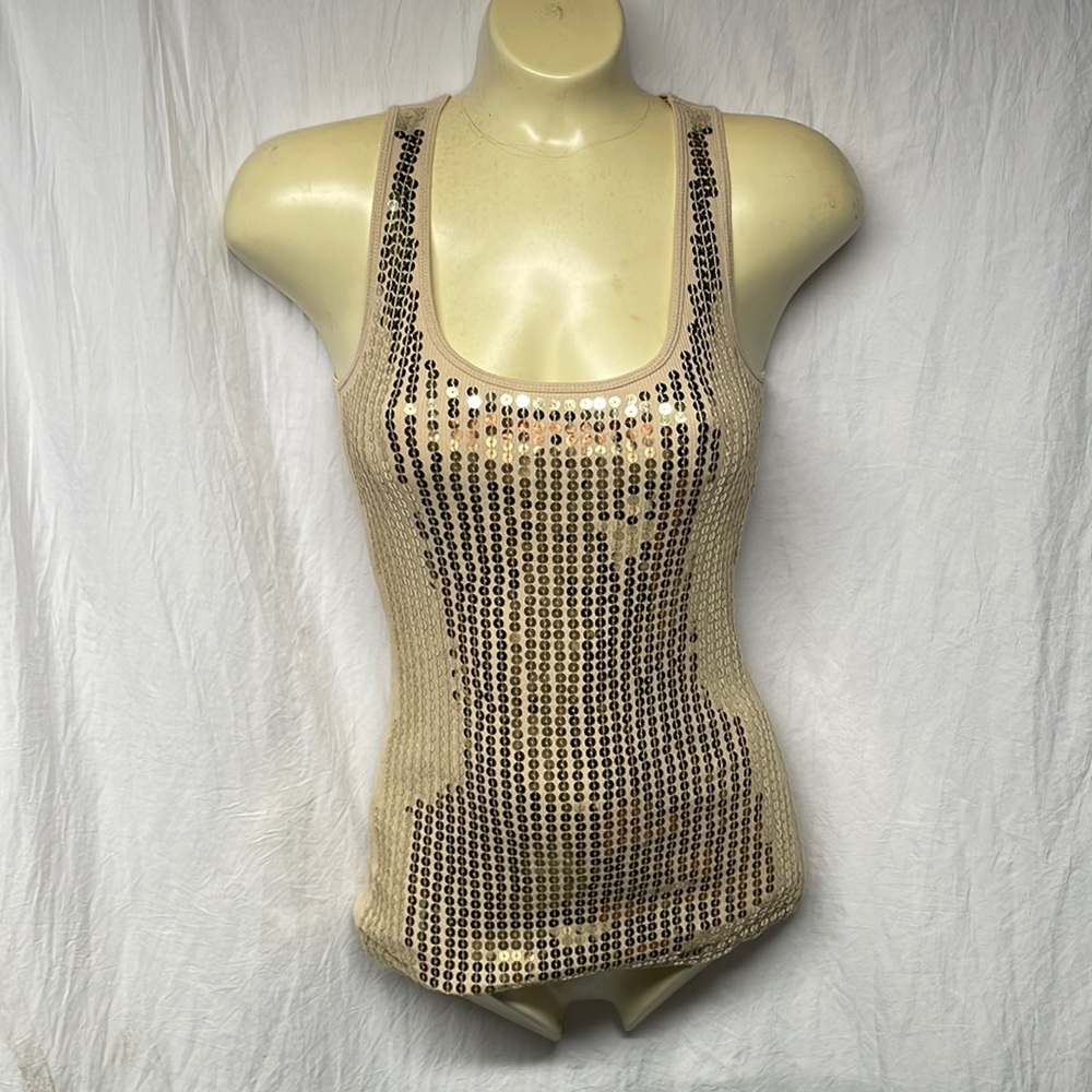 Express gold sequence, form fitting tank top.